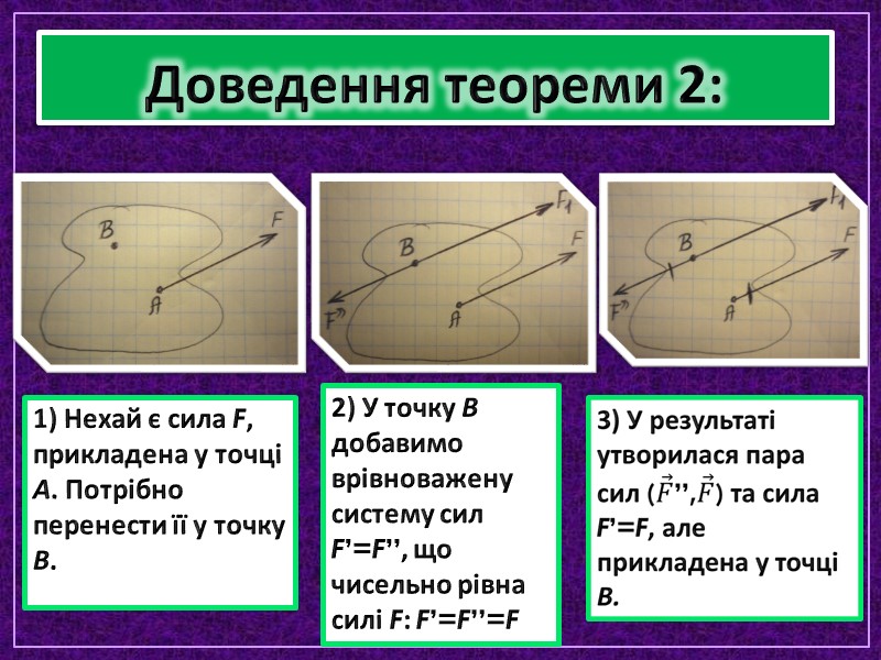 Доведення теореми 2: 1) Нехай є сила F, прикладена у точці А. Потрібно перенести Доведення теореми 2: 1) Нехай є сила F, прикладена у точці А. Потрібно перенести